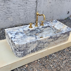 Calacatta Viola Marble Vanity Sink with Ribbed on Four Sides , Handcrafted Natural Stone Bathroom Sink , Custom Marble Vanity Top