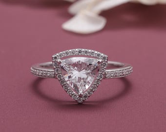 Trillion Cut Lab Grown Diamond Halo Ring, White Gold Engagement Ring, Geometric Bridal Jewelry
