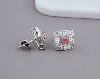 Pink Cushion Halo Lab Grown Diamond Stud Earrings, White Gold Square Halo Studs