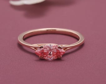 Pink Marquise Lab Diamond Solitaire Ring, Rose Gold Engagement Band, Minimalist Bridal Promise Jewelry