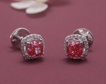 Pink Cushion Cut Lab Grown Diamond Halo Stud Earrings, White Gold Bridal Jewelry