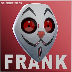 Puede incluir: Una máscara renderizada en 3D con una cara blanca, ojos rojos y una nariz roja. La máscara tiene un diseño estilizado con contornos negros y la palabra "FRANK" en letras blancas grandes en la parte inferior. El texto "3D PRINT FILES" está en la parte superior.
