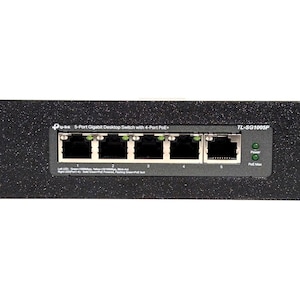 May include: A black 5-Port Gigabit Desktop Switch with 4-Port PoE+ from tp-link. The device has five Ethernet ports and two LED indicators for power and PoE Max. The model number is TL-SG1005P.