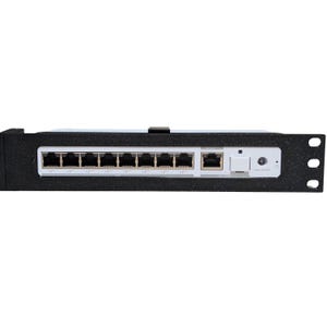 May include: Black network switch with multiple Ethernet ports. The device has a series of numbered ports and a power indicator. The switch is designed for rack mounting and has mounting holes on the sides.