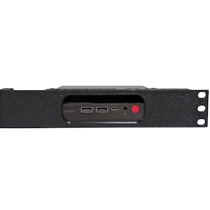 May include: A black rack mountable computer component with a recessed section containing USB ports, a power port, and a red power button. The component has three holes on the right side for mounting.