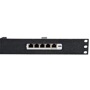May include: A black network device with five Ethernet ports and a USB-C port. The device has a textured surface and is designed for rack mounting, with mounting holes visible on the right side.
