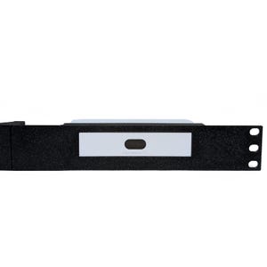 May include: A black rack-mount bracket with a textured finish featuring a central rectangular white panel. The white panel contains a small dark oval cutout in the center and the faint text Cloud Gateway Ultra printed below the cutout.