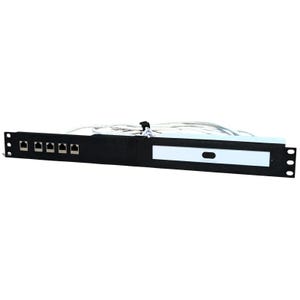 May include: A black network patch panel with eight RJ45 ports on the left side and a white label with a small oval cutout on the right. White network cables are connected to the panel.