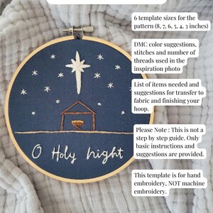 May include: An embroidery hoop with a navy blue fabric featuring a star, stable, and text that reads "O Holy Night." The hoop includes 6 template sizes, DMC color suggestions, and is for hand embroidery.