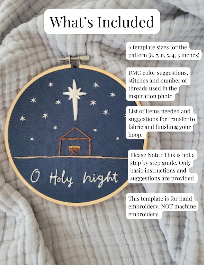 May include: An embroidery hoop with a navy blue fabric featuring a star, stable, and text that reads "O Holy Night." The hoop includes 6 template sizes, DMC color suggestions, and is for hand embroidery.
