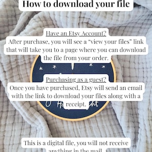 May include: Image with text: "How to download your file." Instructions for downloading a digital file purchased on Etsy. Includes information for Etsy account holders and guest purchasers. The file is not mailed.
