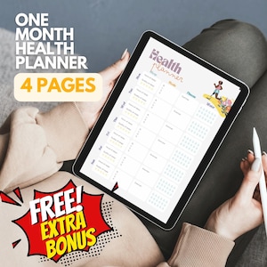 K&ouml;nnte beinhalten: Ein digitaler Gesundheitsplaner auf einem Tablet. Der Planer enth&auml;lt Abschnitte f&uuml;r Schlaf, Ziele, Fitness und Wasseraufnahme. Auf dem Bildschirm steht "Health Planner". Zus&auml;tzlicher Text lautet "One Month Health Planner" und "4 Pages". Eine rot-gelbe Grafik zeigt "FREE! EXTRA BONUS."