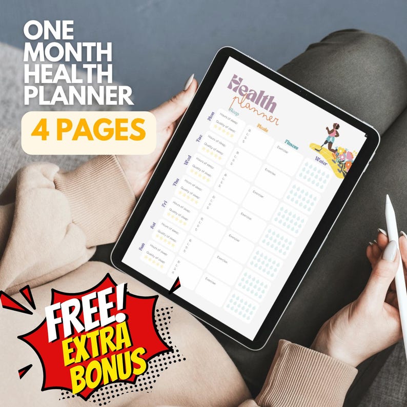 K&ouml;nnte beinhalten: Ein digitaler Gesundheitsplaner auf einem Tablet. Der Planer enth&auml;lt Abschnitte f&uuml;r Schlaf, Ziele, Fitness und Wasseraufnahme. Auf dem Bildschirm steht "Health Planner". Zus&auml;tzlicher Text lautet "One Month Health Planner" und "4 Pages". Eine rot-gelbe Grafik zeigt "FREE! EXTRA BONUS."