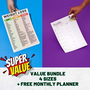 May include: Two white paper planners are held up against a blue and purple background. One planner is a weight loss food list with "EAT", "LIMIT", and "AVOID" sections. The other is a health planner. The image also includes a "SUPER VALUE" graphic.