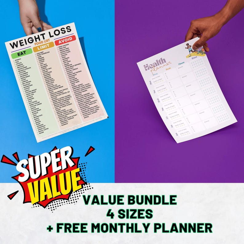 May include: Two white paper planners are held up against a blue and purple background. One planner is a weight loss food list with "EAT", "LIMIT", and "AVOID" sections. The other is a health planner. The image also includes a "SUPER VALUE" graphic.
