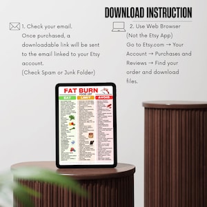 K&ouml;nnte beinhalten: Ein digitales Tablet zeigt eine "FETT VERBRENNEN LEBENSMITTEL LISTE" mit den Kategorien "ESSEN", "LIMIT" und "VERMEIDEN". Das Bild enth&auml;lt Download-Anweisungen und eine Erinnerung, E-Mails zu &uuml;berpr&uuml;fen. Das Tablet liegt auf einem braunen, runden Tisch.