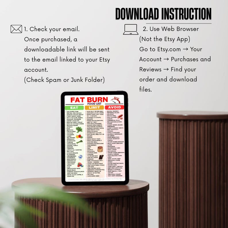 K&ouml;nnte beinhalten: Ein digitales Tablet zeigt eine "FETT VERBRENNEN LEBENSMITTEL LISTE" mit den Kategorien "ESSEN", "LIMIT" und "VERMEIDEN". Das Bild enth&auml;lt Download-Anweisungen und eine Erinnerung, E-Mails zu &uuml;berpr&uuml;fen. Das Tablet liegt auf einem braunen, runden Tisch.