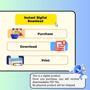 May include: A digital product interface with the text "Instant Digital Download." The interface includes options to "Purchase," "Download," and "Print." A small shopping cart icon is next to the "Purchase" button. A PDF icon is next to the "Download" button.