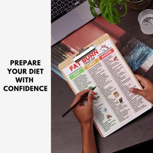 K&ouml;nnte beinhalten: Eine Person h&auml;lt einen Holz-Klemmbrett mit einer gedruckten "Fat Burn Food List". Die Liste ist in die Abschnitte "Essen" und "Vermeiden" unterteilt, mit einem Stift, der auf die Liste zeigt. Der Text "Bereiten Sie Ihre Ern&auml;hrung mit Zuversicht vor" befindet sich auf der linken Seite.