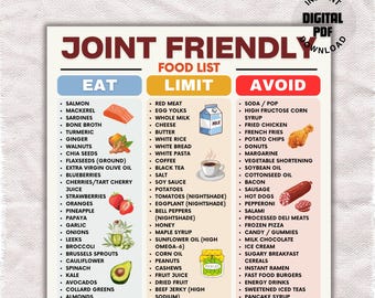 Lista imprimible de alimentos saludables para las articulaciones, lista de alimentos saludables para la artritis, tabla de alimentos para la artritis, lista de compras saludable para las articulaciones, antiinflamatorio