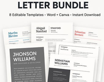 Puede incluir: Un paquete de plantillas de currículum vitae y cartas de presentación. El texto superior dice "RESUME & COVER LETTER BUNDLE" y "8 Editable Templates • Word + Canva • Instant Download". Las plantillas son en blanco y negro con nombres como Abigail Stanford.