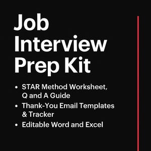 Könnte beinhalten: Schwarzer Hintergrund mit weißem Text "Job Interview Prep Kit". Enthält Aufzählungszeichen für STAR-Methoden-Arbeitsblatt, Dankeschön-E-Mail-Vorlagen und bearbeitbare Word- und Excel-Dokumente. Eine rote vertikale Linie befindet sich rechts.