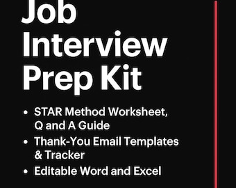 May include: Black background with white text that reads "Job Interview Prep Kit." Includes bullet points for STAR Method Worksheet, Thank-You Email Templates, and Editable Word and Excel documents. A red vertical line is on the right.
