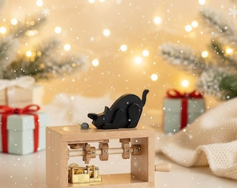Handmade Wooden Cat and Mouse Music Box – Kinetic Toy | Unique Gift for Christmas | Handmade Cat Automaton | Home Decor | Gift for Cat Lover