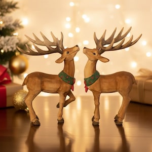 Pareja de renos de madera tallada a mano, decoración navideña, juego de 2 figuras rústicas de renos nórdicos, decoración navideña de bosque, regalo de Navidad