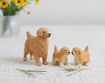 Hand Carved Wooden Golden Retriever Dog Family, Mom and Puppies Figurines, Handmade Wood Carving, Rustic Home Decor, Gift for Dog Lovers