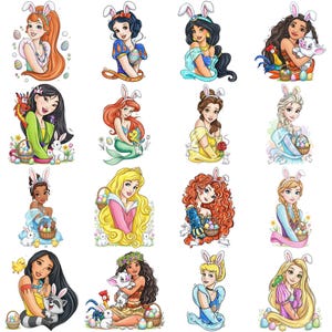 以下が含まれることがあります： イースターバニーの耳をつけ、イースターバスケットを持っているディズニーのプリンセスの水彩イラスト。各プリンセスは、イースターエッグとウサギに囲まれた、ユニークな特徴と衣装で描かれています。お祝いとカラフルなコレクション。