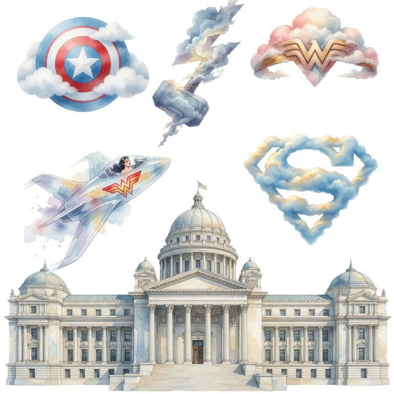 K&ouml;nnte beinhalten: Aquarellillustration mit Superhelden-Symbolen und einem Geb&auml;ude. Enth&auml;lt Captain Americas Schild, Thors Hammer, Wonder Womans Emblem, ein Jet mit Wonder Woman und Supermans Logo, alle aus Wolken geformt. Das Geb&auml;ude hat ein Kuppeldach.