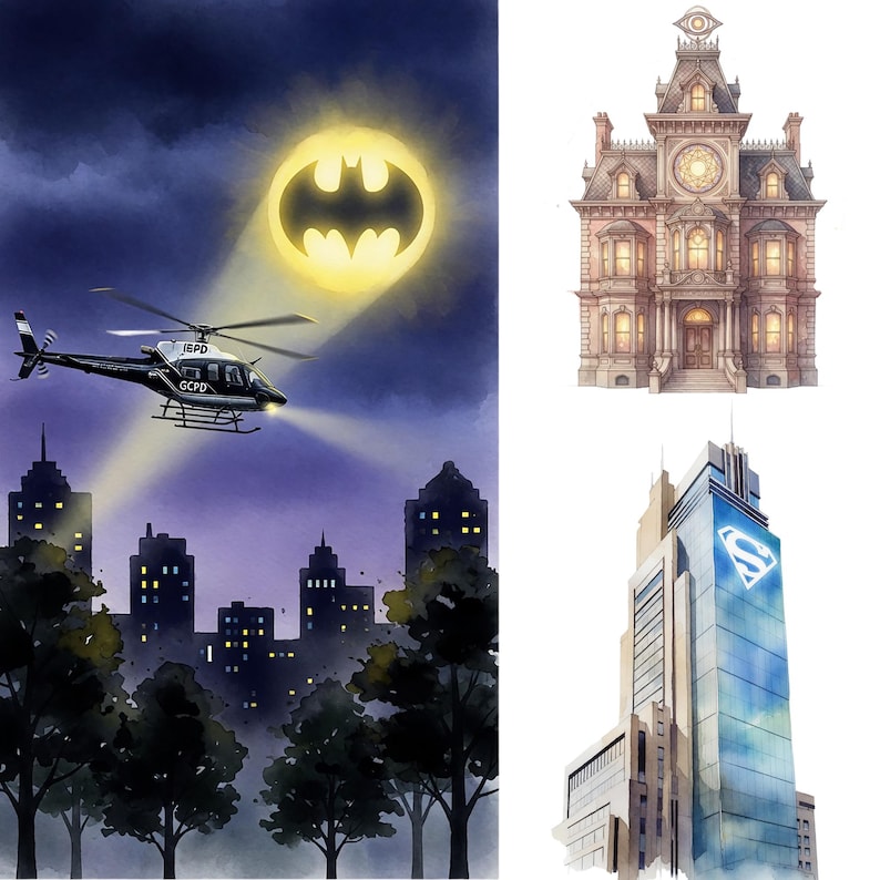 K&ouml;nnte beinhalten: Aquarellillustration mit Szenen aus DC Comics. Ein Hubschrauber fliegt &uuml;ber eine Stadt unter einem Batman-Symbol-Scheinwerfer. Ein Herrenhaus und ein Wolkenkratzer mit dem Superman-Logo sind ebenfalls abgebildet.