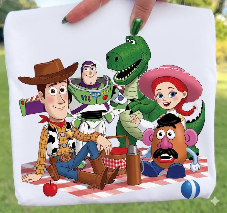 K&ouml;nnte beinhalten: Ein wei&szlig;es T-Shirt mit einem farbenfrohen Grafikdruck der Toy Story-Figuren Woody, Buzz Lightyear, Rex, Jessie und Mr. Potato Head bei einem Picknick auf einer rot-wei&szlig; karierten Decke mit einem roten Apfel und einem blauen Ball.