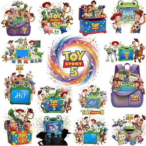 K&ouml;nnte beinhalten: Eine Sammlung von Toy Story 5 Grafikillustrationen mit Charakteren wie Woody, Buzz Lightyear, Jessie und Rex. Die Designs zeigen verschiedene Szenen mit Rucks&auml;cken, Spielzeugkisten und Tablets, die alle das Toy Story 5 Logo-Text enthalten.