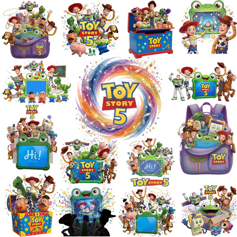 K&ouml;nnte beinhalten: Eine Sammlung von Toy Story 5 Grafikillustrationen mit Charakteren wie Woody, Buzz Lightyear, Jessie und Rex. Die Designs zeigen verschiedene Szenen mit Rucks&auml;cken, Spielzeugkisten und Tablets, die alle das Toy Story 5 Logo-Text enthalten.