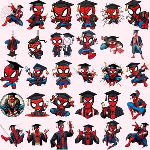 Puede incluir: Ilustraciones de Spider-Man en estilo de dibujos animados, todas con birrete y toga de graduación. Algunos sostienen diplomas, mientras que otros están en poses de acción. La paleta de colores es principalmente roja, azul y negra, sobre un fondo rosa claro.
