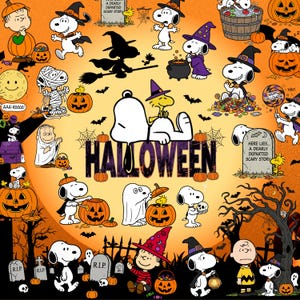 May include: A vibrant Halloween-themed collage featuring Snoopy, Woodstock, and Charlie Brown characters in various costumes. The design includes pumpkins, tombstones, bats, and spiderwebs against an orange background with the word HALLOWEEN.