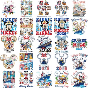 May include: A collection of colorful Disney-themed designs featuring Mickey Mouse, Minnie Mouse, and other characters. Designs include cruise ship graphics, the text "Disney Cruise Line 2026", and other nautical elements. Perfect for Disney fans.