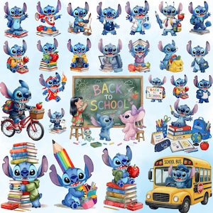 Könnte beinhalten: Eine Sammlung von Illustrationen der blauen Alien-Figur bei verschiedenen schulbezogenen Aktivitäten, darunter das Lesen von Büchern, Fahrradfahren, ein gelber Schulbus und das Schreiben auf einer Tafel mit dem Text Back To School.