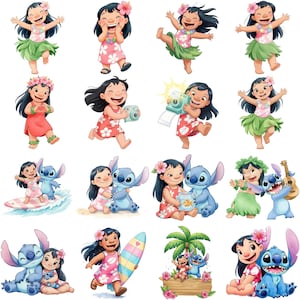May include: A collection of colorful illustrations featuring a young girl in a pink dress and green skirt, often with a flower in her hair. Some images include a blue alien-like character. The girl is shown in various poses.