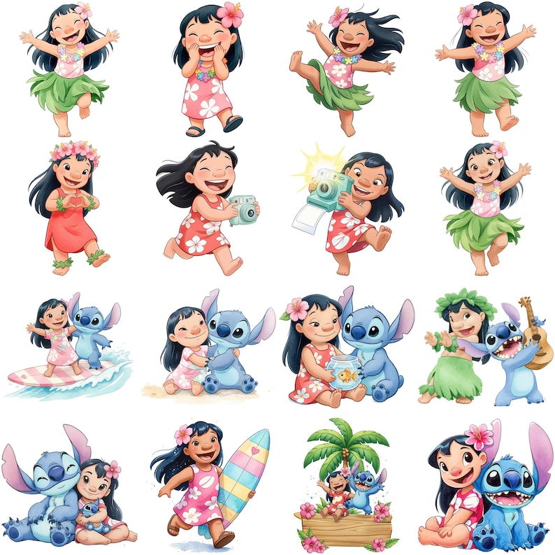 May include: A collection of colorful illustrations featuring a young girl in a pink dress and green skirt, often with a flower in her hair. Some images include a blue alien-like character. The girl is shown in various poses.