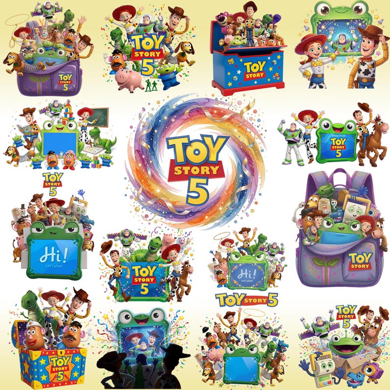 K&ouml;nnte beinhalten: Eine Sammlung von Toy Story 5 Grafiken mit Charakteren wie Woody, Buzz Lightyear, Jessie und einem gr&uuml;nen Tablet in Froschform. Die Designs zeigen bunte Rucks&auml;cke, Spielzeugkisten und Konfetti-Wirbel mit dem Toy Story 5 Logo.