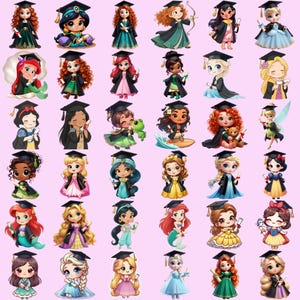 Paquete de más de 30 imágenes PNG de princesas de dibujos animados graduadas en 2025, PNG de personajes de dibujos animados graduados, PNG de princesas lindas graduadas en 2025, PNG de princesas graduadas para camisetas