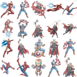 K&ouml;nnte beinhalten: Aquarellillustrationen verschiedener Superhelden in Actionposen. Das Bild zeigt Iron Man in rot-goldener R&uuml;stung, Captain America mit seinem Schild, Thor mit seinem Hammer und Spider-Man in einem rot-blauen Anzug.