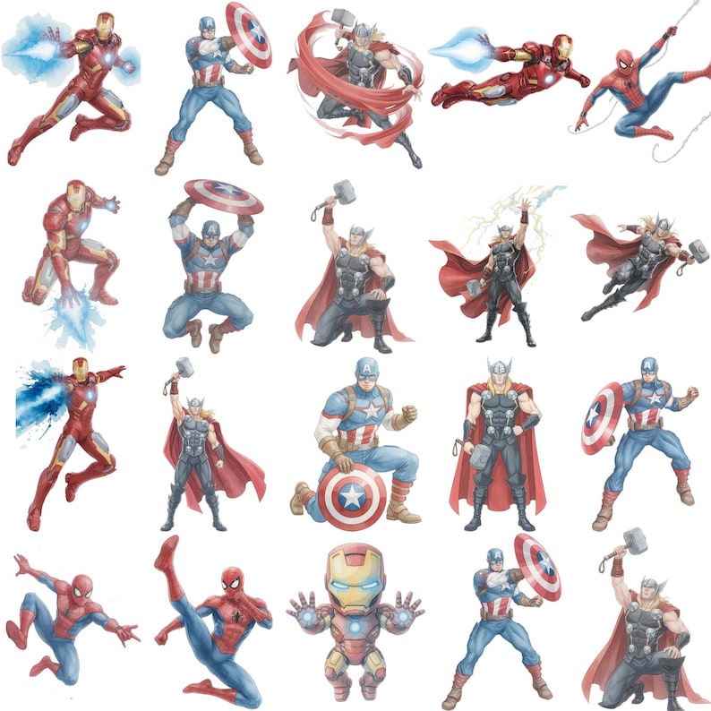 K&ouml;nnte beinhalten: Aquarellillustrationen verschiedener Superhelden in Actionposen. Das Bild zeigt Iron Man in rot-goldener R&uuml;stung, Captain America mit seinem Schild, Thor mit seinem Hammer und Spider-Man in einem rot-blauen Anzug.