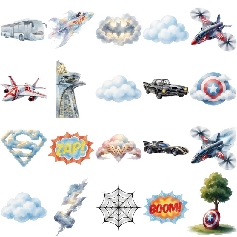 K&ouml;nnte beinhalten: Aquarellillustrationen von Elementen zum Thema Superhelden. Enth&auml;lt einen Bus, ein Flugzeug, eine Wolke in Form eines Fledermaussymbols, ein Flugzeug mit Propellern, ein Geb&auml;ude, ein klassisches Auto, einen Schild, eine Wolke in Form des Superman-Logos, eine "ZAP" Sprechblase, ein Wonder Woman-Diadem.