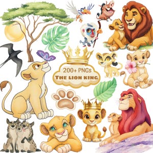 May include: Watercolor illustrations of characters from The Lion King, including Simba, Nala, Timon, Pumbaa, and Zazu. The image features a variety of poses, crowns, and the text "200+ PNGs THE LION KING".