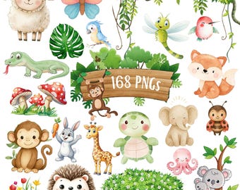 Cute Animals PNG Bundle - Baby Animal Clipart - Watercolor Woodland Ocean - Stickers Sublimation Set - Commercial Use - Instant Download