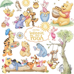 May include: A set of watercolour illustrations featuring Winnie the Pooh and friends. The image includes characters like Pooh, Piglet, Tigger, and Eeyore, along with honey pots, bees, and sunny backgrounds. The text "200 PNGs Winnie the Pooh" is also visible.